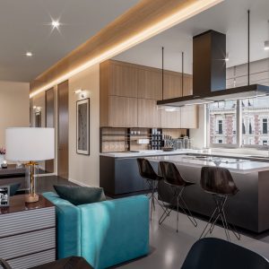 Modern interior of stylish apartment with furniture